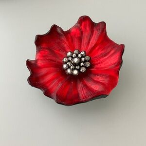 Original design Alexis Bittar Red Flower Brooch with Silver Accents